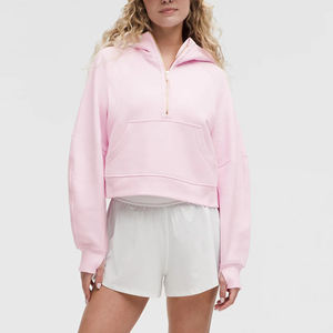 Venta al por mayor de sudaderas con capucha antiarrugas para mujer media cremallera 100% algodón transpirable sudaderas con capucha oversize streetwear sudaderas con capucha en blanco para mujer - Product Image 4