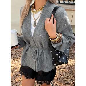 Women's <b>Wool</b> Long Print Cardigan with Embellished Tie-Front - Product Image 6