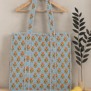 Bolso de mano para mujer con estampado Floral grande ecológico azul cielo hermoso algodón indio acolchado compras diarias viaje cierre abierto - Product Image 1