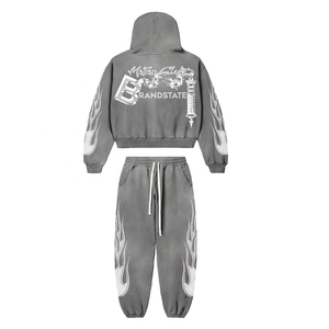 Conjunto Deportivo Personalizado con Apliques Bordados, Sudadera Corta con Capucha, Estilo Desgastado, Lavado Ácido, Cierre de Cremallera - Product Image 2