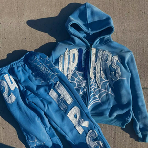 Conjunto personalizado de sudaderas con cremallera y pantalones de chándal para hombre, chándal lavado con ácido con logotipo, conjunto de pantalones de chándal acampanados con bordado desgastado y Sudadera con capucha - Product Image 1