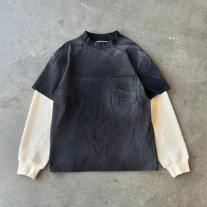 Vintage lavé manches longues Double couche gaufré tricoté manches col rond surdimensionné poche avant 100% coton été T-Shirts - Product Image 2