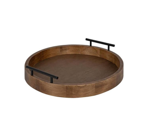 Bandeja Redonda Decorativa de Madera de Acacia Hecha a Mano, Ecológica y de Buena Calidad, con Asas de Metal, Venta al Por Mayor - Product Image 1