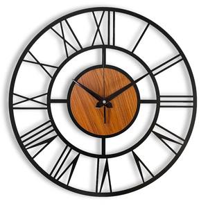 Élégante horloge murale romaine ronde en métal et en bois Design moderne classique idéale pour la décoration de la chambre, du salon, du bureau ou de la cuisine - Product Image 1