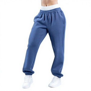 Women's Blue Fleece <b>Harem</b> Pants Mid Waist Elastic Drawstring Loose Fit Full Length Solid Color Casual 320g Pockets Winter - Product Image 1