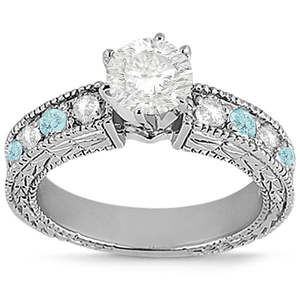 Ensemble de mariage antique en or blanc 14 carats avec diamant et aigue-marine 1,80 ct - Motif unique - Product Image 1