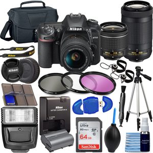 ชุดกล้องดิจิตอล SLR ระดับมืออาชีพ DX-Format พร้อมเลนส์ 18-55 มม. และ 70-300 มม. การ์ดหน่วยความจำ 64GB ขาตั้งกล้อง แฟลช ชุดฟิลเตอร์ สไตล์ 5D - Product Image 4