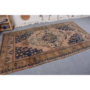 Alfombra turca Vintage de 5,7x10,2 pies, lana azul Beige hecha a mano con pelo de felpa, patrón abstracto Rectangular de altura para dormitorio - Product Image 3