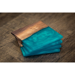 Wholesale Handmade Acacia Walnut Wood Epoxy Resin Drink <b>Coasters</b> Set Of 4 Unique Teal <b>Blue</b> River Design Tableware Barware - Product Image 1