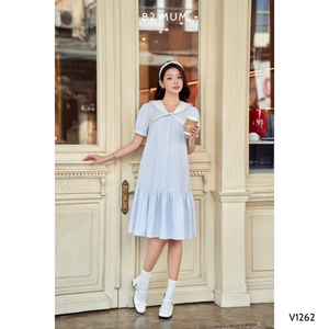 V1262 vestido de maternidad de cola de pez azul a cuadros anticontracción y transpirable absorbente de sudor para uso diario de verano Método de tejido - Product Image 5