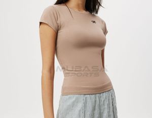 Hot Design T-shirt à manches courtes pour femmes Logo personnalisé imprimé sur un tissu en toile de coton uni Type de travail - Product Image 6