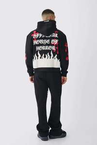 Conjunto Deportivo Negro Holgado con Estampado de Esqueleto, Sudadera con Capucha 100% Algodón y Pantalones Acampanados, Estilo Halloween - Product Image 2