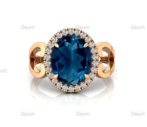 Design minimaliste 18k or pur ovale naturel Londres bleu topaze pierres précieuses anneaux Halo réglage diamant bagues de fiançailles en gros - Product Image 1