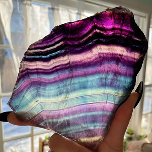 Vente en gros de tranches de fluorite arc-en-ciel naturelle polies, fluorite colorée à bandes, et dalles brutes de cristal de quartz pour la décoration - Product Image 6