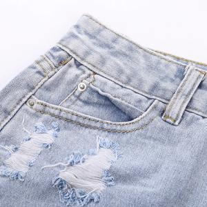 กางเกงขาสั้นผ้าเดนิมเอวสูงของผู้หญิงกางเกงขาสั้นผ้าฝ้ายเอวต่ำแบบลำลองระบายอากาศได้ดีสำหรับฤดูร้อนขายส่งสีพื้น - Product Image 6