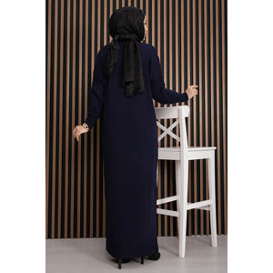 Navy Blue Maxi A-Line <b>Dress</b> Textured Knit Casual Modest Style Simple Fashion Print <b>Loose</b> Winter Made Viscose Nylon Washable - Product Image 6