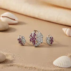 Women's Silver Ruby Leaf Earrings & Pendant <b>Set</b> Gold Plated <b>Bridal</b> & Fine <b>Jewelry</b> with Zircon Stone Gift - Product Image 2