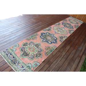 Alfombra Turca de 2,6x12,8 pies, Alfombra Vintage Tipo Runner, Alfombra de Lana con Camuflaje Rosa y Azul - Product Image 2