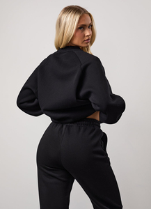 Survêtement personnalisé pour femmes coupe décontractée polaire manches raglan équipage poignets élastiques pantalon de survêtement noir 2 poches latérales Jogger deux pièces ensemble - Product Image 2