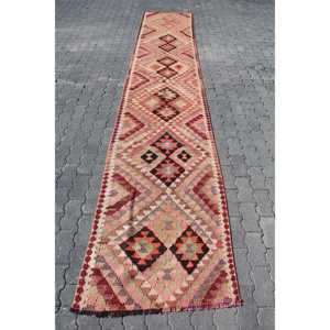 Vintage Turkish Rug 2.7x14.4 ft (82x440 cm), Kilim <b>Red</b> <b>Wool</b> Rug - Product Image 1