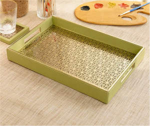 Bois de manguier Plateau de service en cuir aspect brillant - Product Image 1