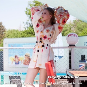 High Quality Fashion Long Dress with <b>Balloon</b> Sleeve Geometric V-Neck Digital Printed Free Size Logo on Back Cloth Material - Product Image 4