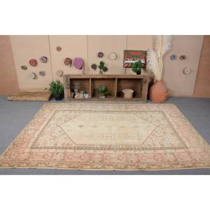 Alfombra de lana turca Vintage de 6x9 pies, respaldo de látex de tejido plano de retazos beige y rosa para decoraciones de sala de estar - Product Image 4