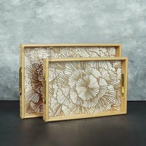 Best Quality Custom Walnut Wood Coffee Refreshment Wooden Serving Tray Set With Metal Handles with <b>Enamel</b> Printed Serving Tray - Product Image 1