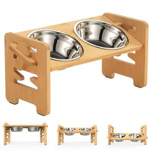 Whisker Friendly Elevated Cat <b>Bowls</b> Double Stainless Steel Tilted <b>Raised</b> Pet Feeder Adjustable Bamboo Stand Bulk Order - Product Image 6