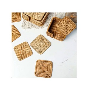 square Shape 4 Inch Rattan Handmade coffee <b>mug</b> glass coasters eco-friendly rattan coaster with holder set of six pieces coasters - Product Image 4