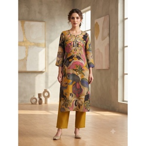 Kurta Larga de Algodón Transpirable con Estampado Floral Bordado en Amarillo para Mujer, Elegante Ropa de Día, Kurti de Diseñador para Mujer - Product Image 1