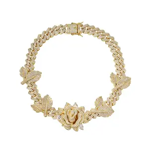 Cadena cubana chapada en oro de 18k de primera calidad, diseño de rosa con diamantes de imitación, collar de hip hop para hombres y mujeres al por mayor - Product Image 2