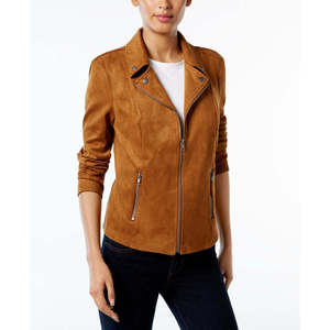 Style Co Women's Brown Faux <b>Suede</b> Moto <b>Jacket</b> Autumn Season Stand Collar <b>Bomber</b> Style Solid Pattern Custom PU Petite Medium XL - Product Image 1