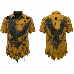 Camisa de algodón 100% para hombre, estilo punk, corte regular, manga regular, cuello vuelto, estilo urbano, con cadenas y dobladillo rasgado. - Product Image 4