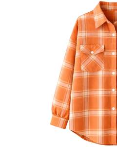 Camisa Oversize de Franela a Cuadros para Mujer, Naranja, Manga Larga, Casual, con Bolsillos, Suave, para Otoño e Invierno, Venta al por Mayor - Product Image 3