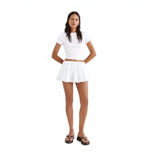 Jupe-short en maille polyester/coton blanc, taille mi-haute, élastique, à volants, décontractée, respirante, pour femme - Product Image 1