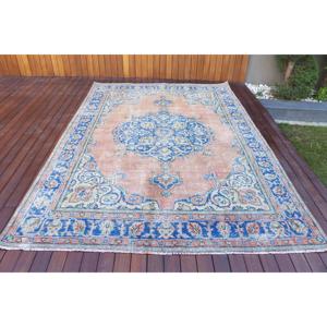 Alfombra Vintage, Alfombra Grande de 6.7x9.6 pies, Alfombra de Lana Azul y Rosa - Product Image 1