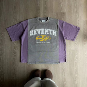 Custom Streetwear <b>T</b> <b>Shirt</b> For Men Acid Wash Vintage <b>Cropped</b> <b>Fit</b> With Cut And Sew Patchwork Asymmetry Panel Distressed Design - Product Image 2