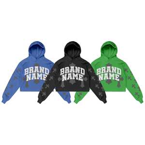 Sudadera de manga larga con bordado de diamantes de imitación para adultos hecha en Pakistán con logotipo personalizado Sudadera con capucha de lágrimas de mezclilla con MOQ bajo - Product Image 2