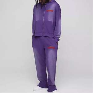 Conjunto Deportivo de Algodón 100% Pesado con Lavado Desteñido, Sudadera con Capucha y Pantalones Jogger Acampanados con Bordado Desgastado Personalizado, OEM/ODM - Product Image 1