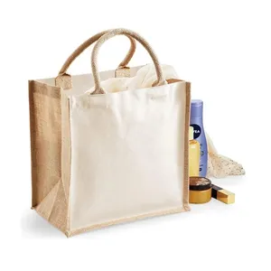 散装经销商以可靠的价格销售定制标志黄麻手提袋，带彩色手柄和扣板，用于礼品和杂货店购物