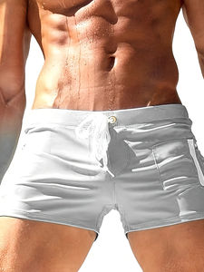 Short de bain pour homme en nylon et élasthanne extensible, séchage rapide, avec poche zippée - Couleur unie, taille à cordon de serrage pour la plage et la piscine - Product Image 3