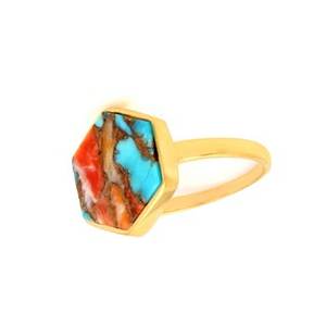 New Arrival Solid 925 Sterling Silver 14k Gold Plated Kingman Mohave Spiny Oyster Copper Turquoise Gemstone Ring Bezel Setting - Product Image 3