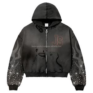 Sudadera con cremallera para mujer 320 GSM algodón polar Vintage lavado llama manga Rhinestone logotipo personalizado Puff estampado básico sudaderas con capucha - Product Image 1