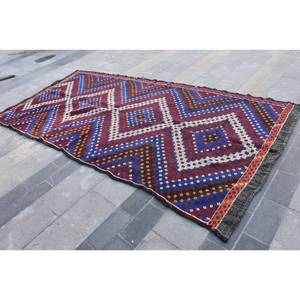 Alfombra de lana roja y negra étnica hecha a mano de 5,4x11 pies, alfombra turca para sala de estar, látex para casa con rectángulo a rayas de retazos - Product Image 3