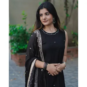 Indian Women'<b>s</b> Hand Embroidered Muslim Soot Black Rayon <b>Suit</b> Set - Product Image 5