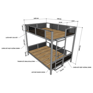 GT011 Industrial Design Solid Mango Wood Bunk <b>Bed</b> Extendable Iron Frame <b>Queen</b> <b>Size</b> 140x200cm Hand Carved Storage for Home - Product Image 6