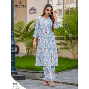 Kurta ensembles pour femmes imprimé floral rayonne col en V manches trois quarts pantalon solide droit avec décoration en dentelle poche unique - Product Image 6