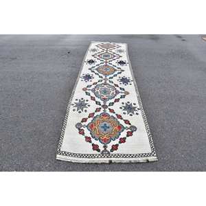 Respaldo de látex ecológico de estilo tradicional blanco y azul de lana turca vintage - Product Image 1