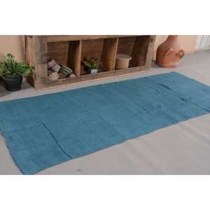 Alfombra turca Vintage moderna de 3,7x9 pies, Alfombra de lana de tejido plano de retazos azul, decoración para sala de estar con respaldo de látex - Product Image 4